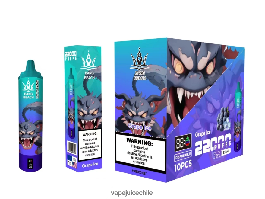 Vape Desechable N64Z0H19 hielo de uva - Bang Beach Pantalla inteligente de 22000 inhalaciones.