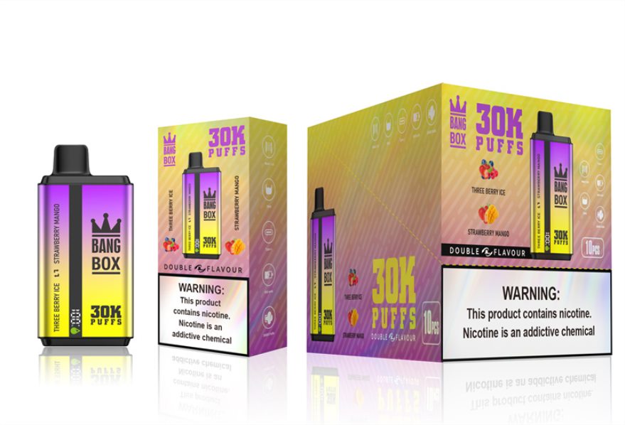 Vape Fume N64Z0H67 helado de tres bayas y mango de fresa - Bang Box 30000 inhalaciones de dos sabores.